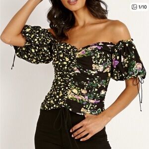 For Love & Lemons Black Floral Off-Shoulder Puff-Sleeve Top